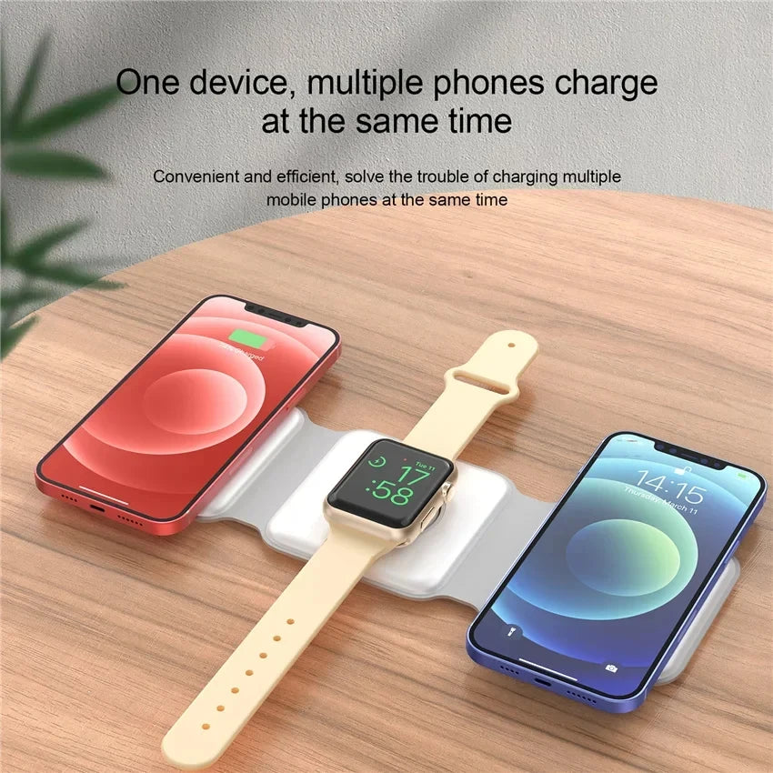 100W 3-in-1 Foldable Magnetic Wireless Charging Station for Apple Devices"
Detailed Product View:
"SoundBudsPro Wireless Charger with iPhone, Apple Watch, and AirPods charging"
Lifestyle/Angle Image:
"Magnetic wireless charger with 180-degree foldable design for multiple Apple desk diplay
