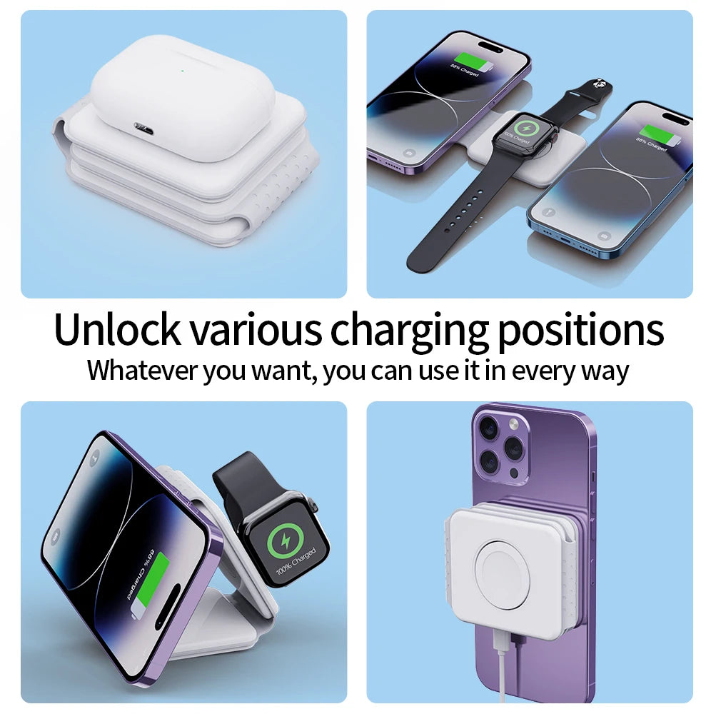 up close examples 100W 3-in-1 Foldable Magnetic Wireless Charging Station for Apple Devices"
Detailed Product View:
"SoundBudsPro Wireless Charger with iPhone, Apple Watch, and AirPods charging"
Lifestyle/Angle Image:
"Magnetic wireless charger with 180-degree foldable design for multiple Apple
