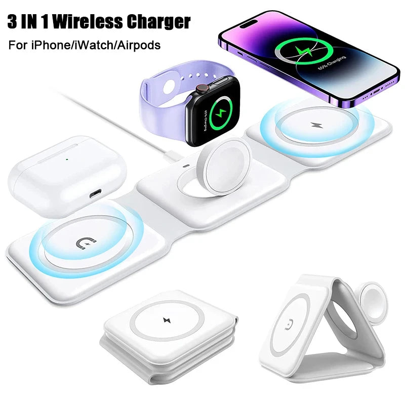 100W 3-in-1 Foldable Magnetic Wireless Charging Station for Apple Devices"
Detailed Product View:
"SoundBudsPro Wireless Charger with iPhone, Apple Watch, and AirPods charging"
Lifestyle/Angle Image:
"Magnetic wireless charger with 180-degree foldable design for multiple Apple
