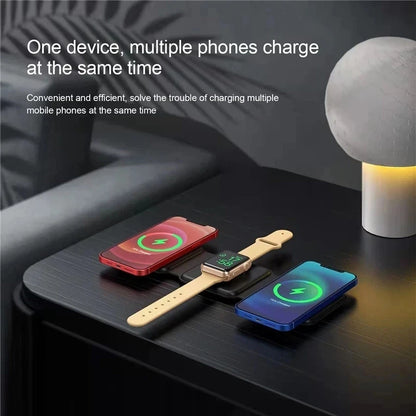 100W 3-in-1 Foldable Magnetic Wireless Charging Station for Apple Devices"
Detailed Product View:
"SoundBudsPro Wireless Charger with iPhone, Apple Watch, and AirPods charging"
Lifestyle/Angle Image:
"Magnetic wireless charger with 180-degree foldable design for multiple Apple table version 
