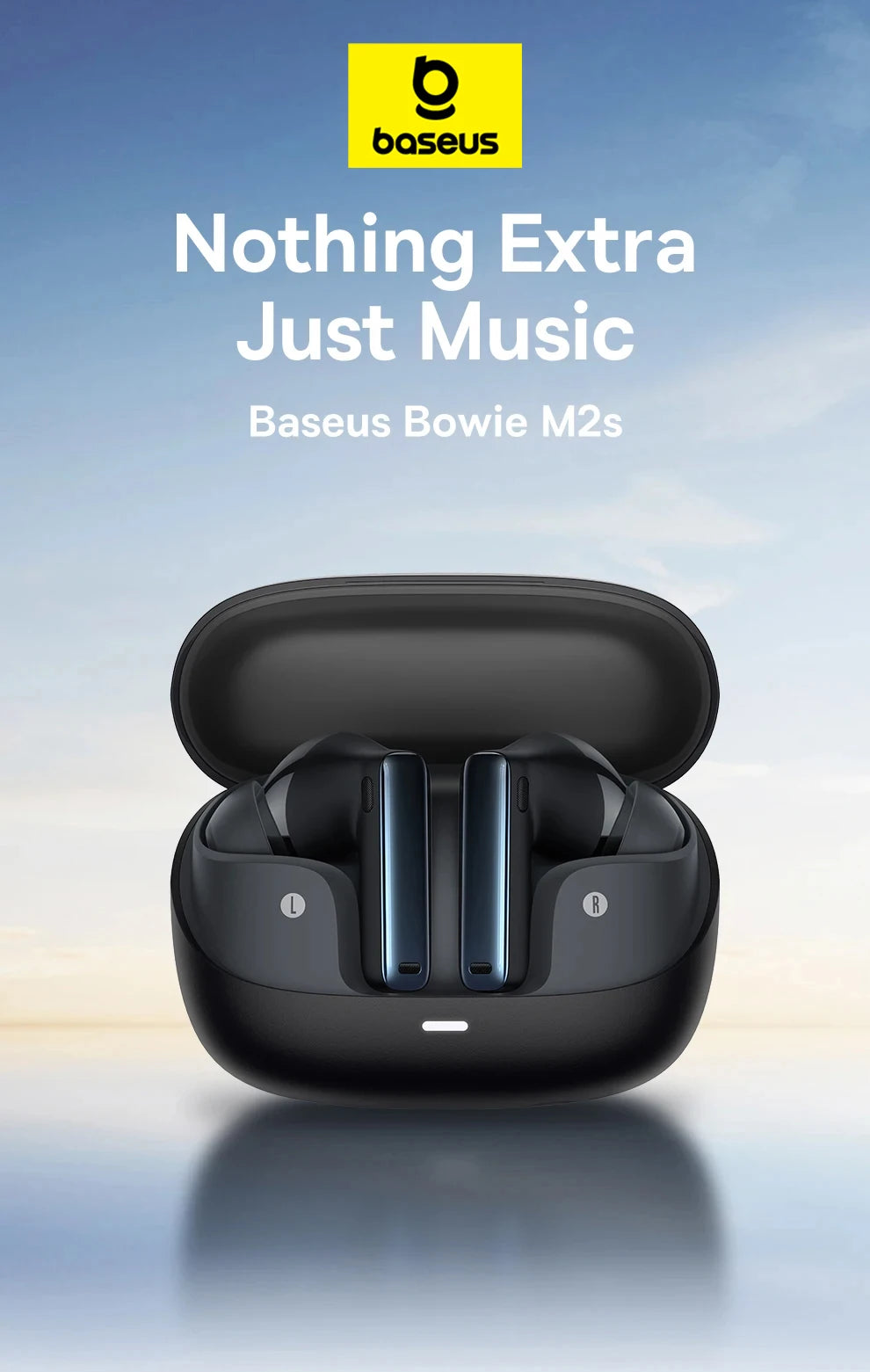 Baseus Bowie M2s Wireless Earbuds in sleek black design with charging case"
"Close-up of Baseus Bowie M2s earbuds showcasing ergonomic fit and advanced noise cancellation features"