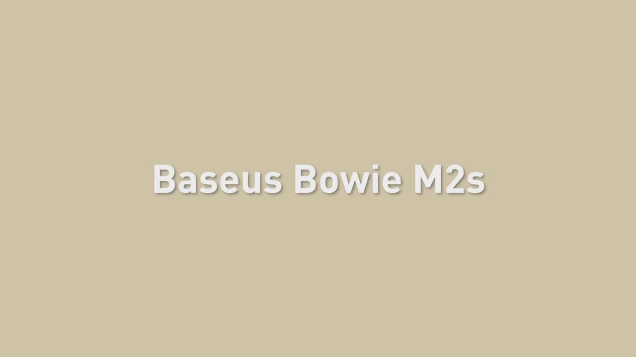 Load video: &quot;Baseus Bowie M2s Wireless Earbuds in sleek black design with charging case&quot;
&quot;Close-up of Baseus Bowie M2s earbuds showcasing ergonomic fit and advanced noise cancellation features&quot;
&quot;User wearing Baseus Bowie M2s Wireless Earbuds while gaming on a mobile device&quot;
&quot;Baseus Bowie M2s Wireless Earbuds displayed with dynamic sound wave graphics to illustrate 3D spatial audio&quot; 